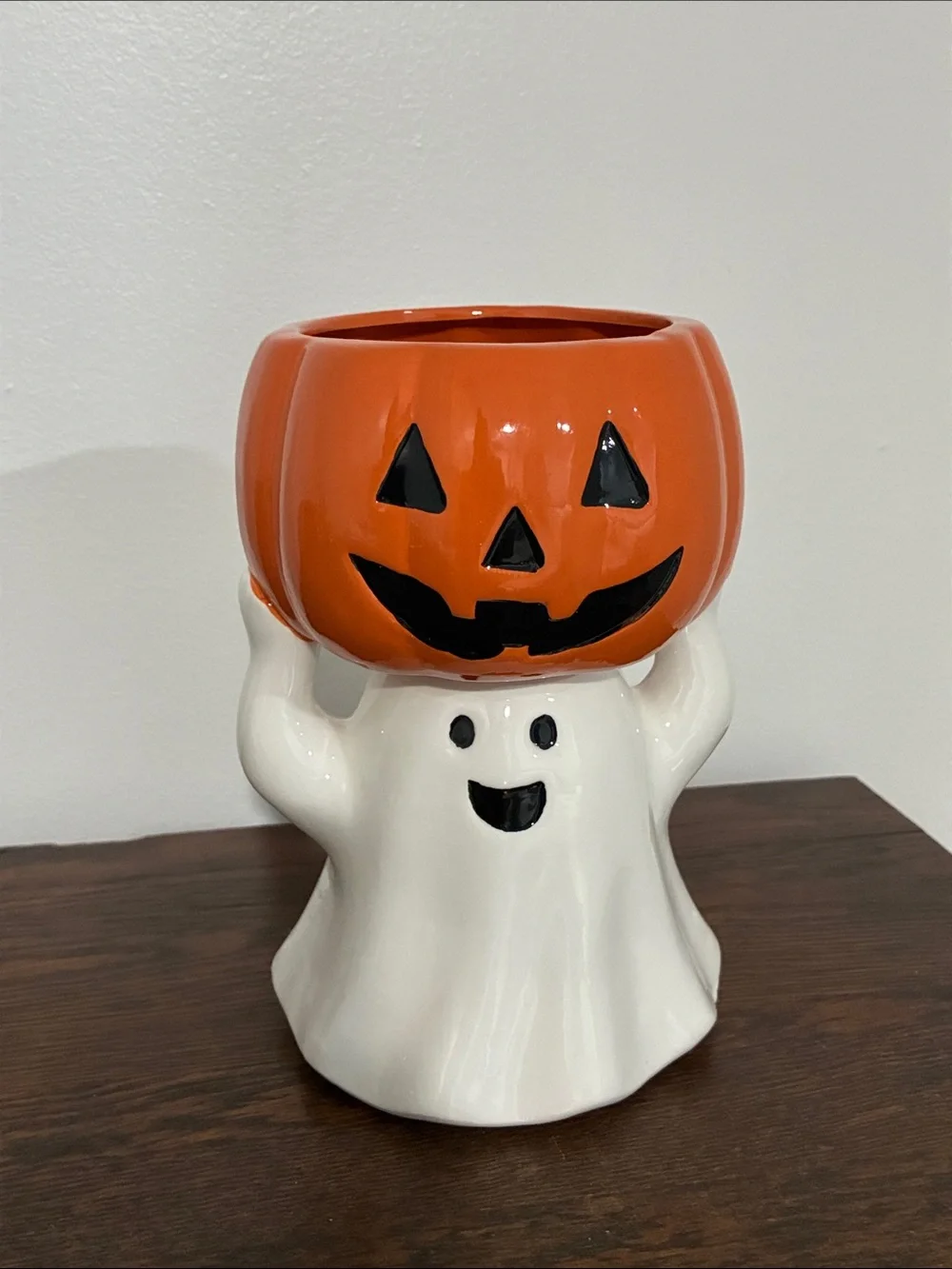 NWT- Hand Painted Ceramic Halloween Ghost & Jack-o-lantern Pumpkin Candy Bowl